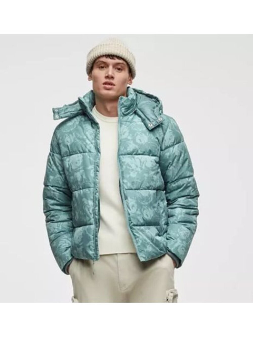 Mode of One NEW Men's Puffer Jacket Size Lg Aqua Blue Removable Hood Winter Warm